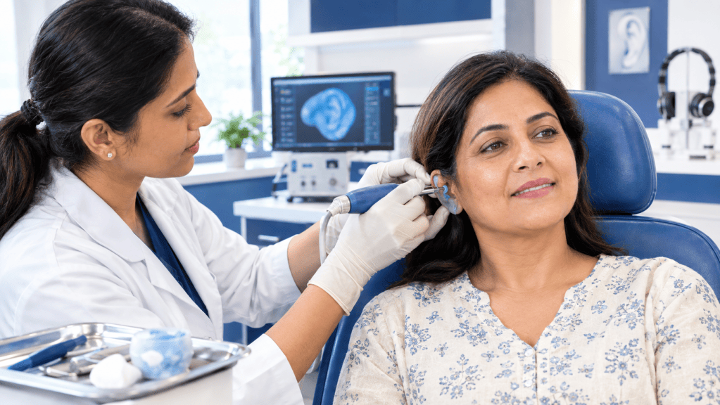 Audiologist taking a precise ear impression for custom invisible hearing aids in a clinic