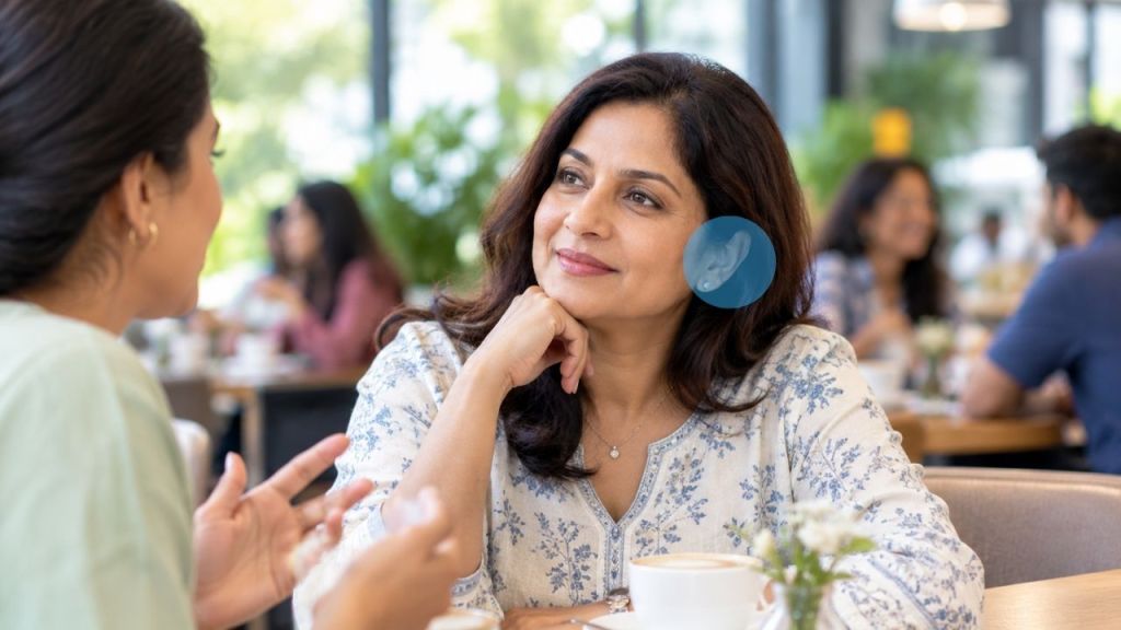 Woman wearing invisible hearing aids enjoying a conversation in a busy café with reduced background noise